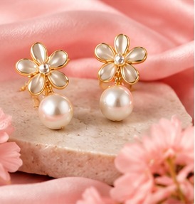 Gold floral pearl earrings on blush pink fabric