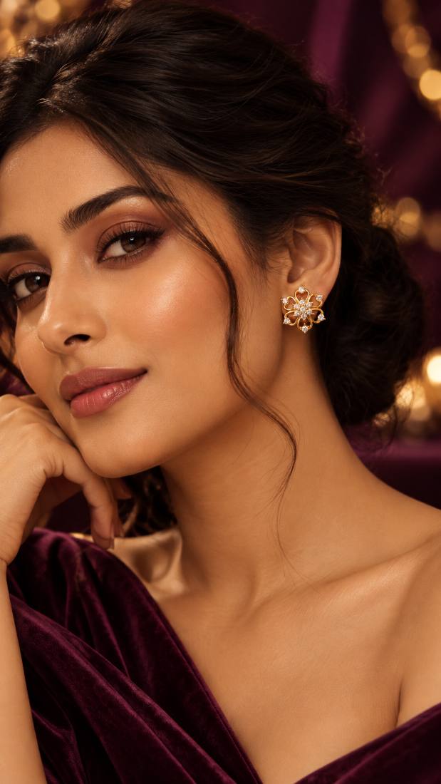 RUHEERA Floral Sparkle American Diamond Stud Earrings